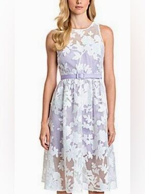 Belle Badgley Mischka Sleeveless White Lace Over Lavender A-line Dress